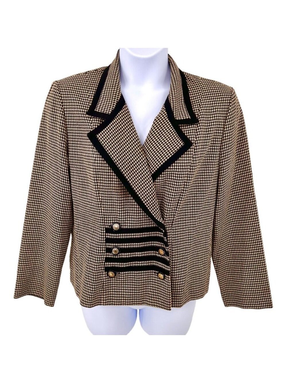 VINTAGE 80S VIRGO II BLACK & BEIGE CHECKER DOUBLE BREASTED BLAZER JACKET - L